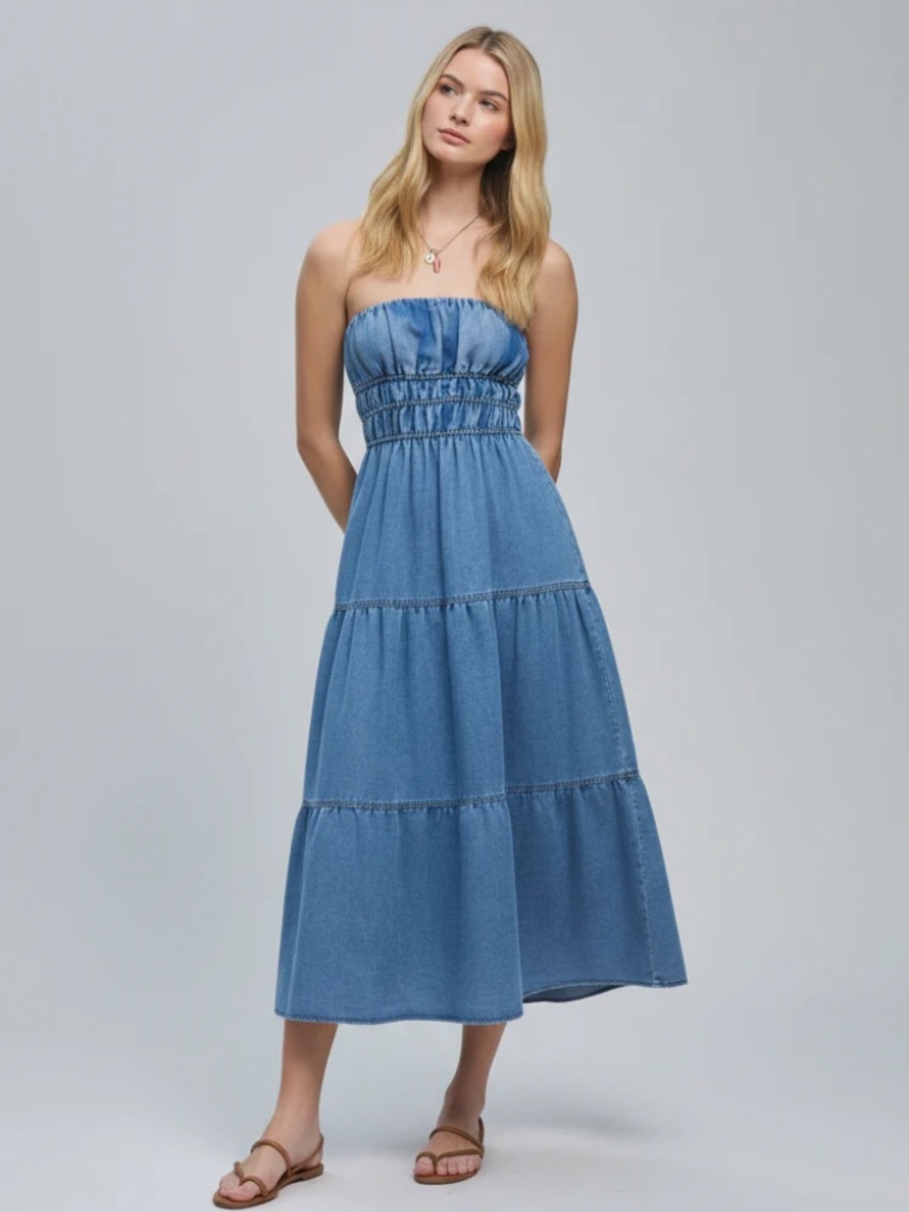 NWT Strapless Shirred Tiered Denim Midi Dress - Picture 3 of 7